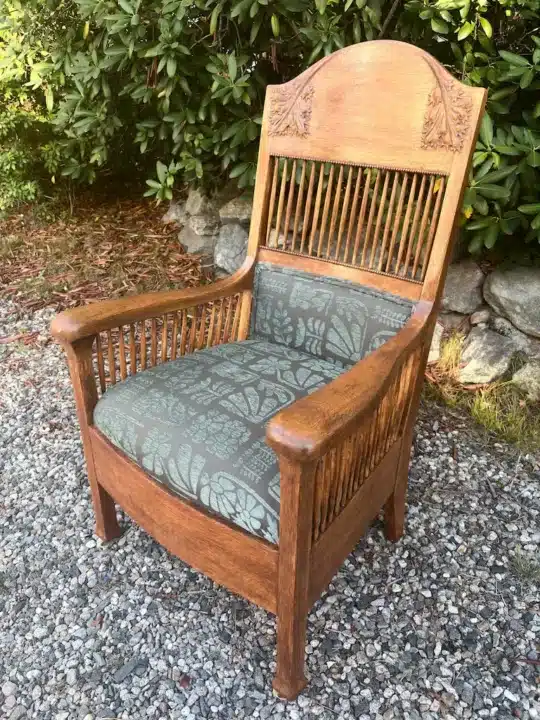 Oak Mission Style Chair. Upholstered by Joe Gramm of Cape Cod Upholstery Shop - South Dennis, MA 02660
