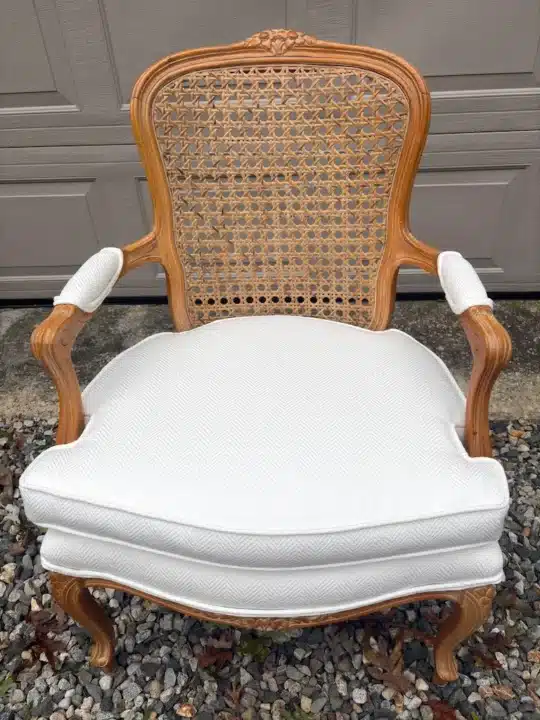 French Bergere Chair. Upholstered by Joe Gramm of Cape Cod Upholstery Shop - South Dennis, MA 02660