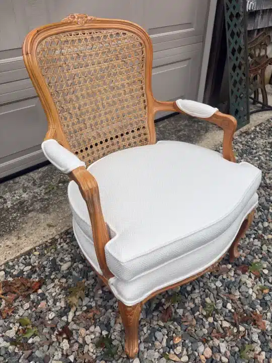 French Bergere Chair. Upholstered by Joe Gramm of Cape Cod Upholstery Shop - South Dennis, MA 02660