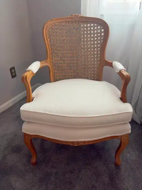 French Bergere Chair. Upholstered by Joe Gramm of Cape Cod Upholstery Shop - South Dennis, MA 02660