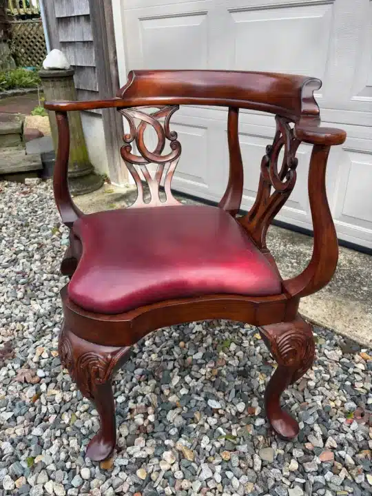 Victorian Corner Chair. Upholstered by Joe Gramm of Cape Cod Upholstery Shop - South Dennis, MA 02660