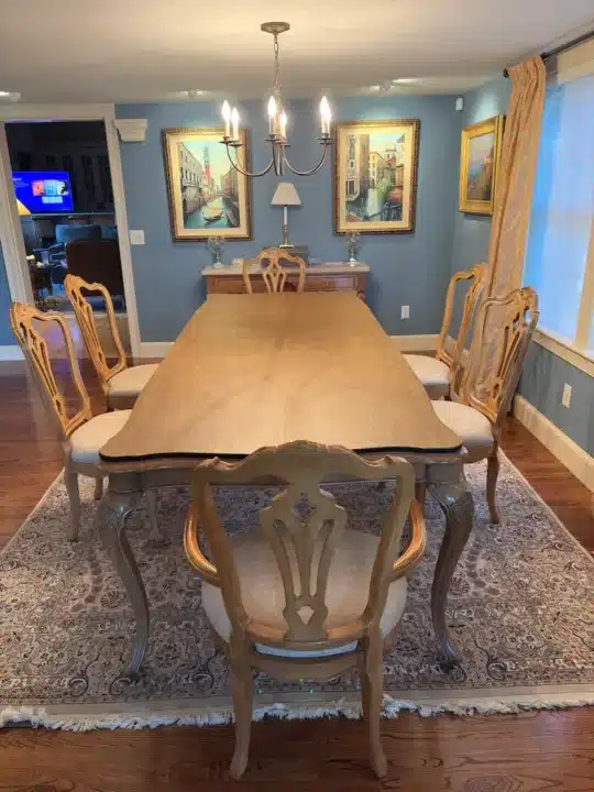 Pecan dining room chairs. Upholstered by Joe Gramm of Cape Cod Upholstery Shop - South Dennis, MA 02660