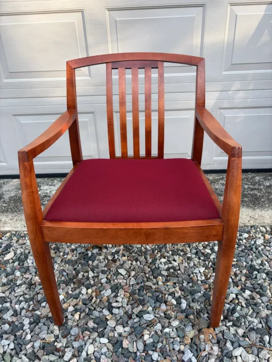 Slat back office chair upholstered in Sunbrella. Upholstered by Joe Gramm of Cape Cod Upholstery Shop - South Dennis, MA 02660