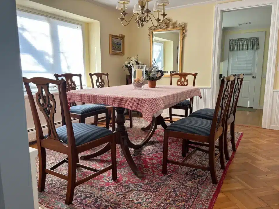 Set of 6 Henkel-Harris Company mahogany dining room chairs. Upholstered by Joe Gramm of Cape Cod Upholstery Shop - South Dennis, MA 02660