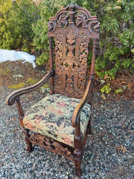 Jacobean style chair upholstered in a Chinese toile fabric. Upholstered by Joe Gramm of Cape Cod Upholstery Shop - South Dennis, MA 02660