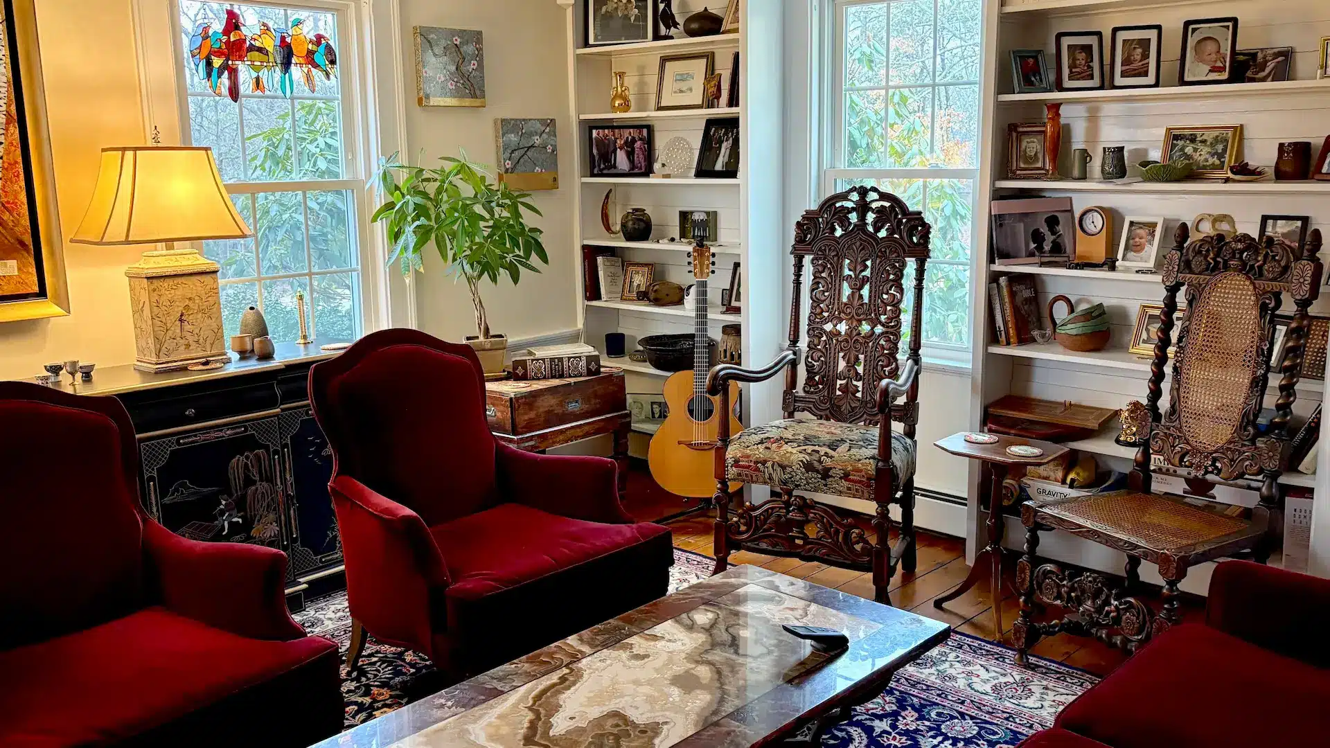 Jacobean style chair in the clients home. Upholstered in a Chinese toile fabric. Upholstered by Joe Gramm of Cape Cod Upholstery Shop - South Dennis, MA 02660