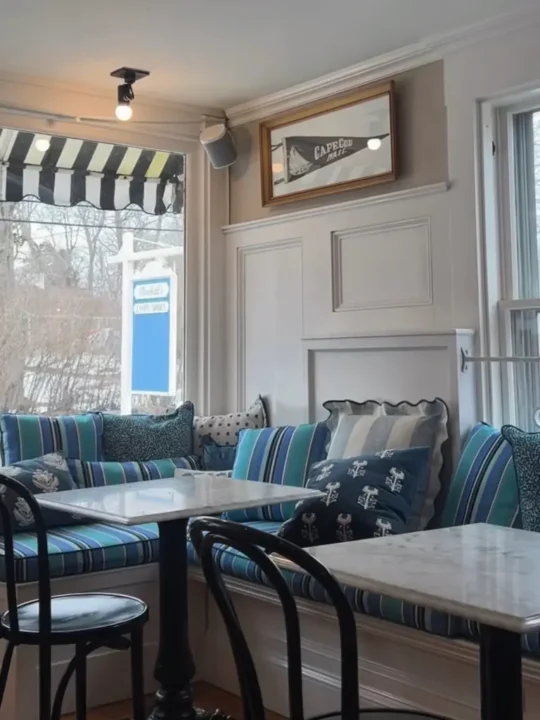 Mix of Sunbrella cushions for Lighthouse Keepers Pantry in Yarmouthport. Cushions fabricated by Joe Gramm of Cape Cod Upholstery Shop | South Dennis, MA 02660