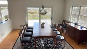 Amish style dining room table & chairs with upholstered seats. Upholstered by Joe Gramm of Cape Cod Upholstery Shop - South Dennis, MA 02660