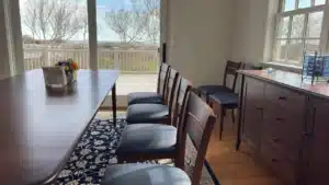Amish style dining room table & chairs with upholstered seats. Upholstered by Joe Gramm of Cape Cod Upholstery Shop - South Dennis, MA 02660