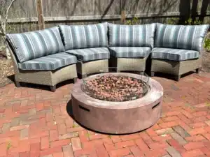Outdoor sectional fire pit cushions with Sunbrella Fabrics Trusted Coast stripe. Cushions fabricated by Joe Gramm of Cape Cod Upholstery Shop | South Dennis, MA 02660