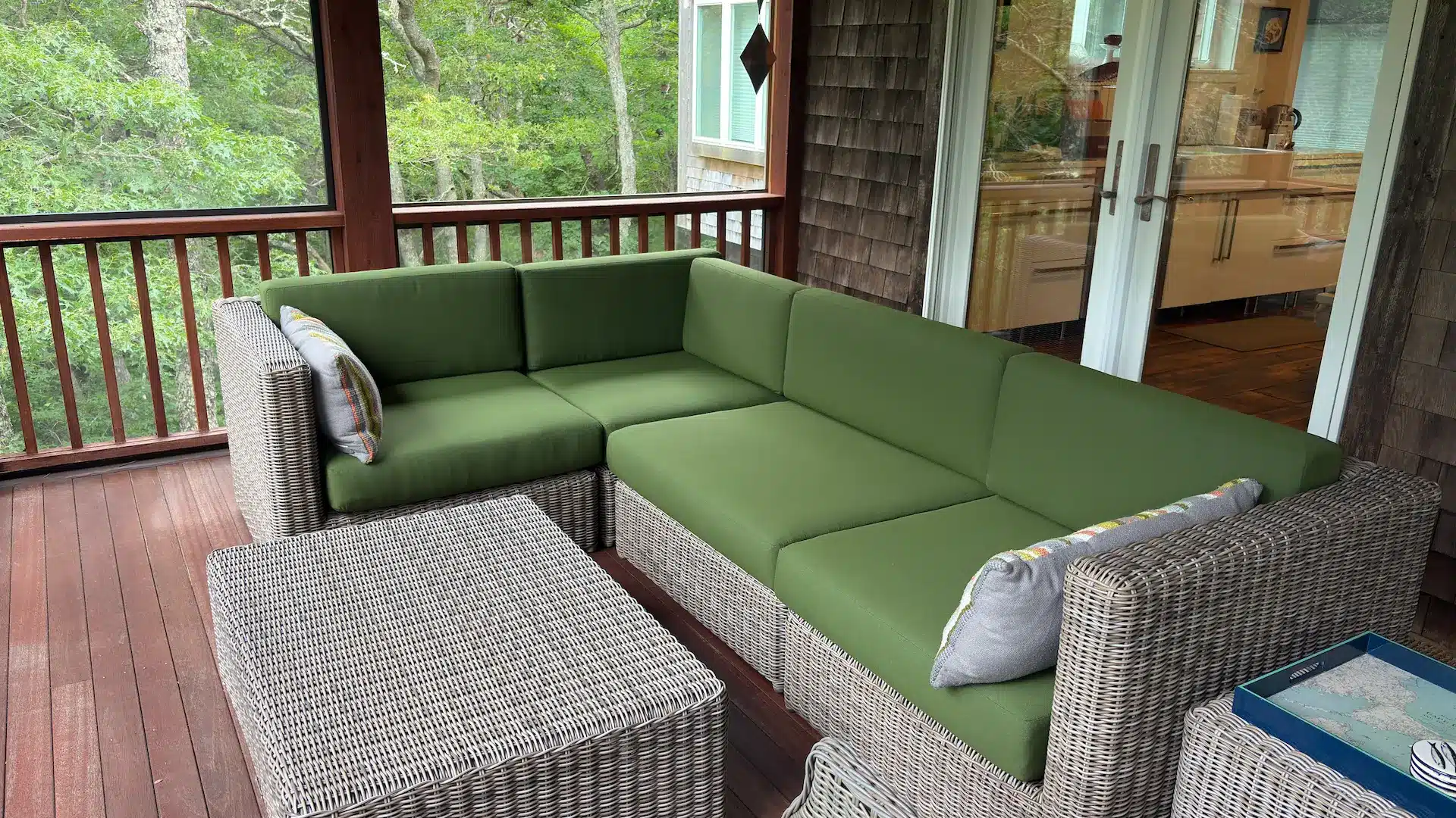 Resin Wicker Porch Cushions. Cushions fabricated by Joe Gramm of Cape Cod Upholstery Shop | South Dennis, MA 02660