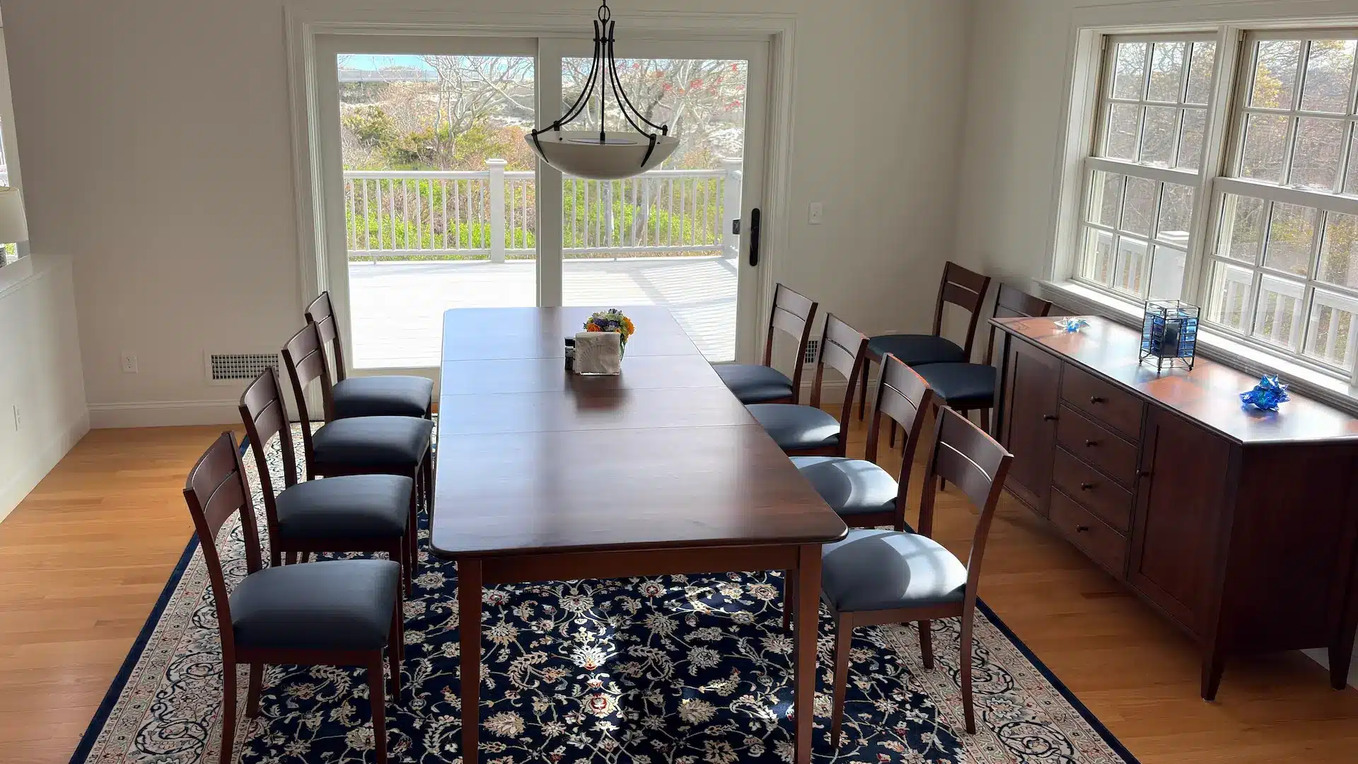Amish style dining room table & chairs with upholstered seats. Upholstered by Joe Gramm of Cape Cod Upholstery Shop - South Dennis, MA 02660