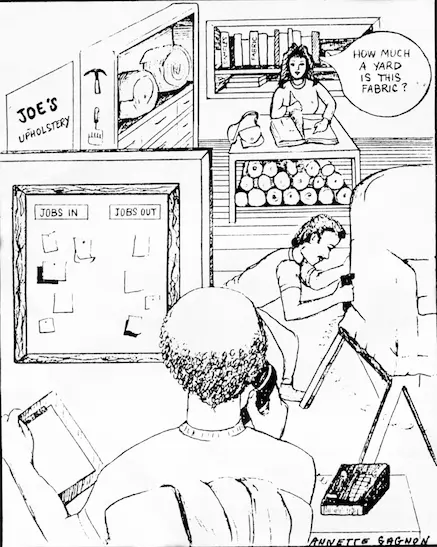 Original image by Annette Gagnon - Cod Upholstery Shop - South Dennis, MA Drawing of Cape Cod Upholstery Shop workroom and online fabric store. Cape Cod Upholstery Shop is located on Cape Cod in South Dennis, MA. Drawing by Annette Gagnon.